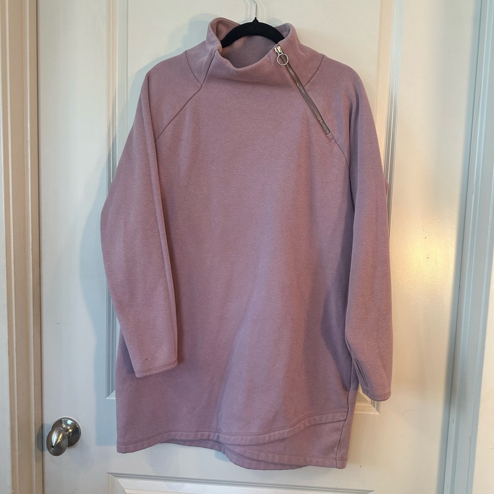 Athleta Cozy Karma Dogwood Mauve Fleece Pull Over Long Line Sweater, Large